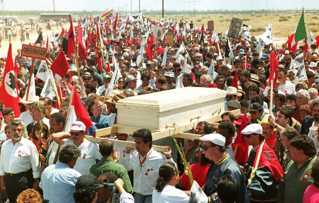 Los dolientes acompañan el ataúd de pino del dirigente sindical de trabajadores agrícolas César Chávez 29 de de abril de 1993 al tierras de cultivo a su funeral. (Getty)