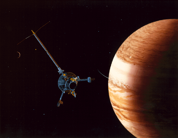 Galileo orbitando Júpiter  en la época de los 90.  (Wikipedia)