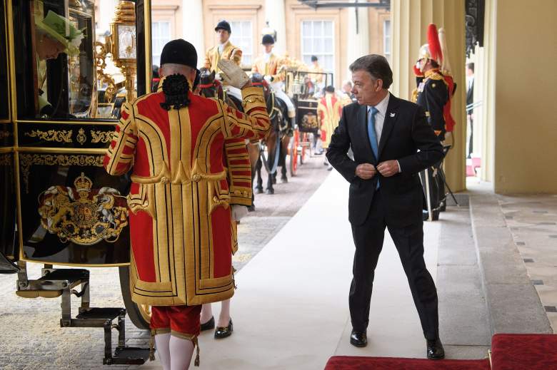 El príncipe Felipe de Gran Bretaña, el duque de Edimburgo, la primera dama de Colombia María Clemencia de Santos, la reina británica Elizabeth II y el presidente colombiano Juan Manuel Santos. (Getty)