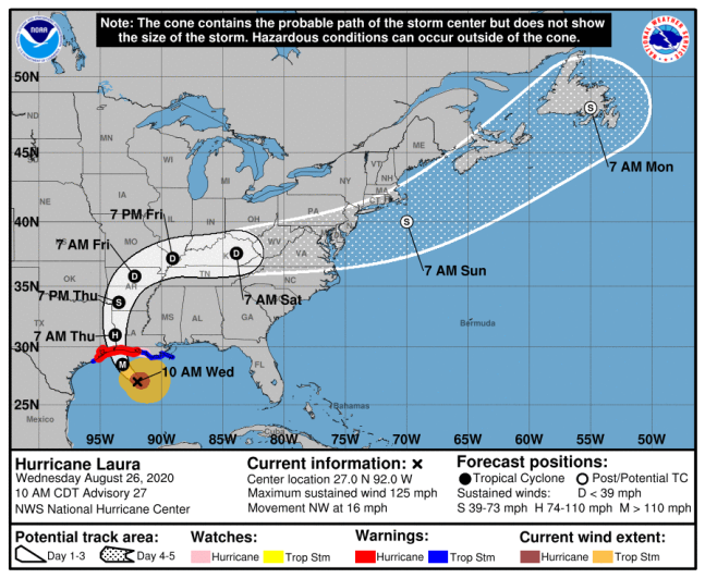  La trayectoria proyectada del huracán Laura