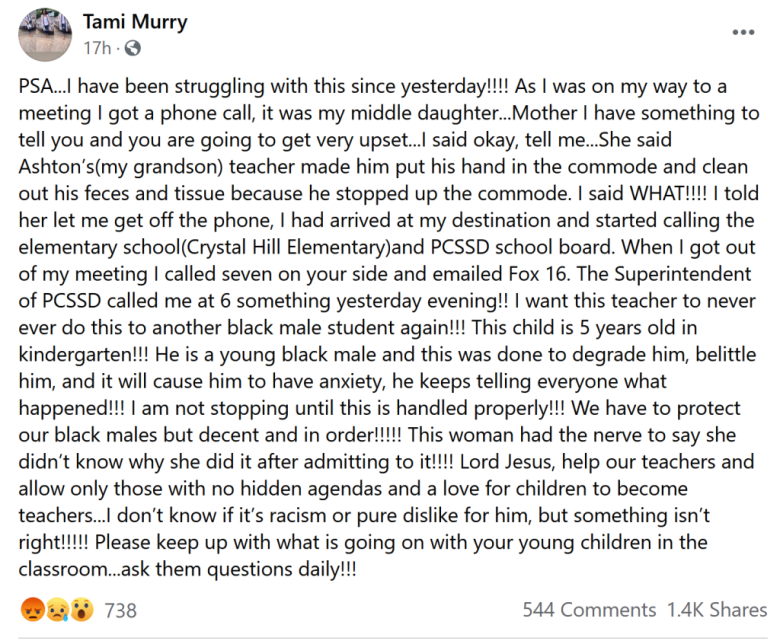 Publicación de Tami Murry en Facebook sobre el presunto incidente entre Lasiter y el nieto del jardín de infantes.