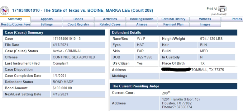 Marka Bodine está acusada de abuso sexual continuo de un niño.