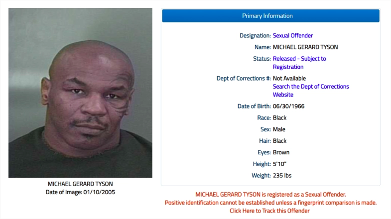 Registro de delincuentes sexuales Mike Tyson.