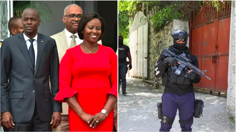 El presidente de Haití con su esposa y la escena fuera de su casa.