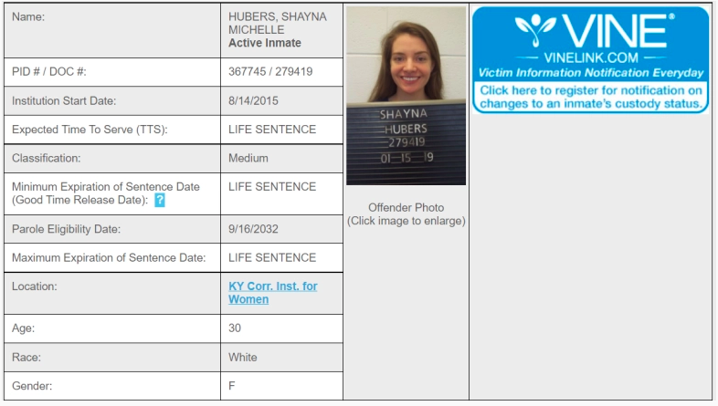El historial de prisión de Shayna Huber.