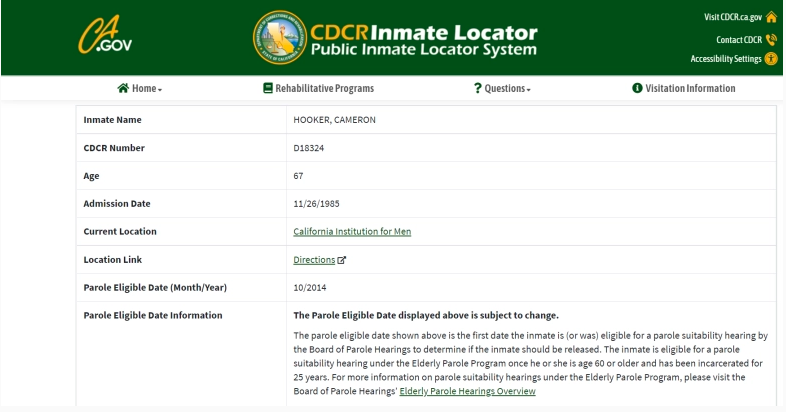 Registro de reclusos de Cameron Hooker.