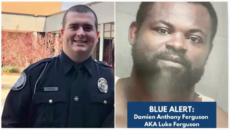 El oficial de policía de Alamo, Dylan Harrison, recibió un disparo mortal en el cumplimiento del deber. / Damien Anthony Ferguson fue nombrado sospechoso del asesinato.