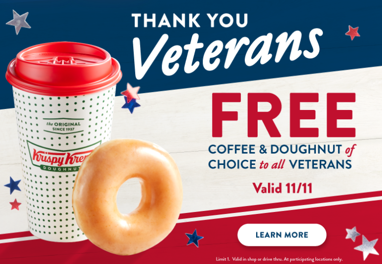 Krispy Kreme ofrece café gratis y una dona gratis el Día de los Veteranos de 2021.