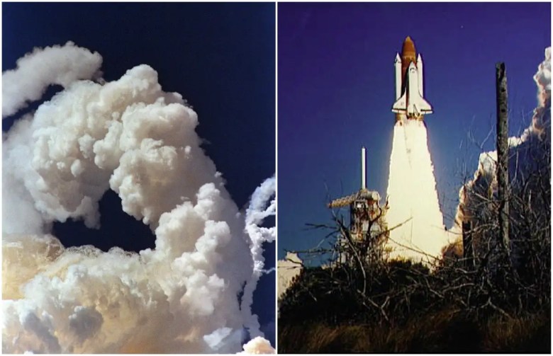Un propulsor de cohete de combustible sólido desaparece detrás de la estela de la explosión del transbordador espacial Challenger el 28 de enero de 1986 sobre el Centro Espacial Kennedy cuando los escombros del orbitador comienzan a caer a la tierra. El transbordador espacial de EE. UU. explotó segundos después del despegue, matando a su tripulación de siete./Challenger estaba 72 segundos en su vuelo, viajando a casi 2,000 mph a una altura de diez millas, cuando de repente se envolvió en un rojo, naranja y blanco bola de fuego cuando explotaron miles de toneladas de combustible líquido de hidrógeno y oxígeno. El transbordador espacial Challenger despega el 28 de enero de 1986 del Centro Espacial Kennedy, Florida. El Challenger y su tripulación de siete miembros se perdieron setenta y tres segundos después del lanzamiento cuando falló un cohete impulsor.