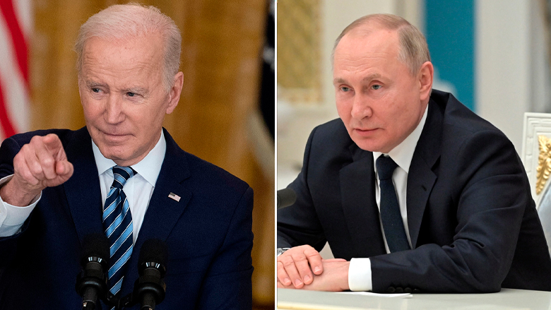 El presidente de los Estados Unidos, Joe Biden, responde una pregunta mientras aborda la invasión rusa de Ucrania, desde el Salón Este de la Casa Blanca el 24 de febrero de 2022 en Washington, DC.