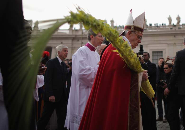 El Papa Francisco lleva una hoja de palma mientras camina hacia el altar después de su bendición de las palmas y los fieles reunidos en la Plaza de San Pedro, durante la Misa del Domingo de Ramos el 24 de marzo de 2013 en la Ciudad del Vaticano, Vaticano .