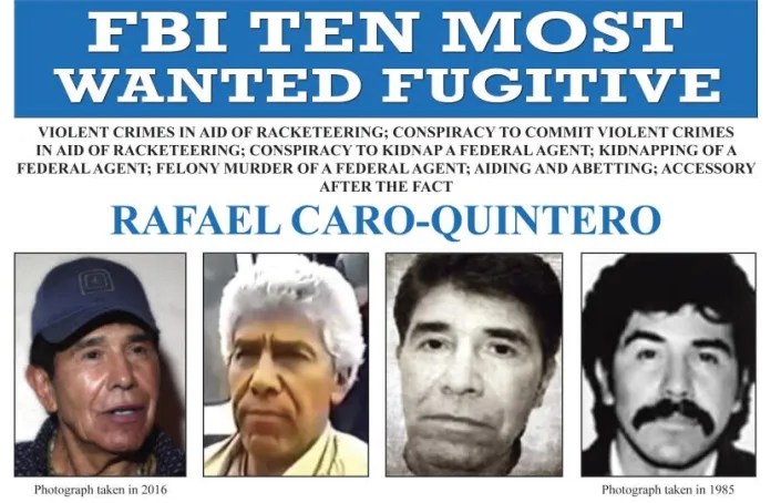 Un cartel de búsqueda del FBI para Rafael Caro Quintero, quien según las autoridades estuvo detrás del asesinato de un agente de la DEA de EE. UU. en 1985. (FBI)