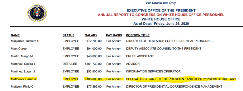 Sarah Matthews ganó un salario de $106,000 como subsecretaria de prensa en la Casa Blanca de Trump.